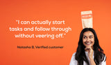 Woman with a get dopa pouch on her head against an orange background with a quote and customer name.