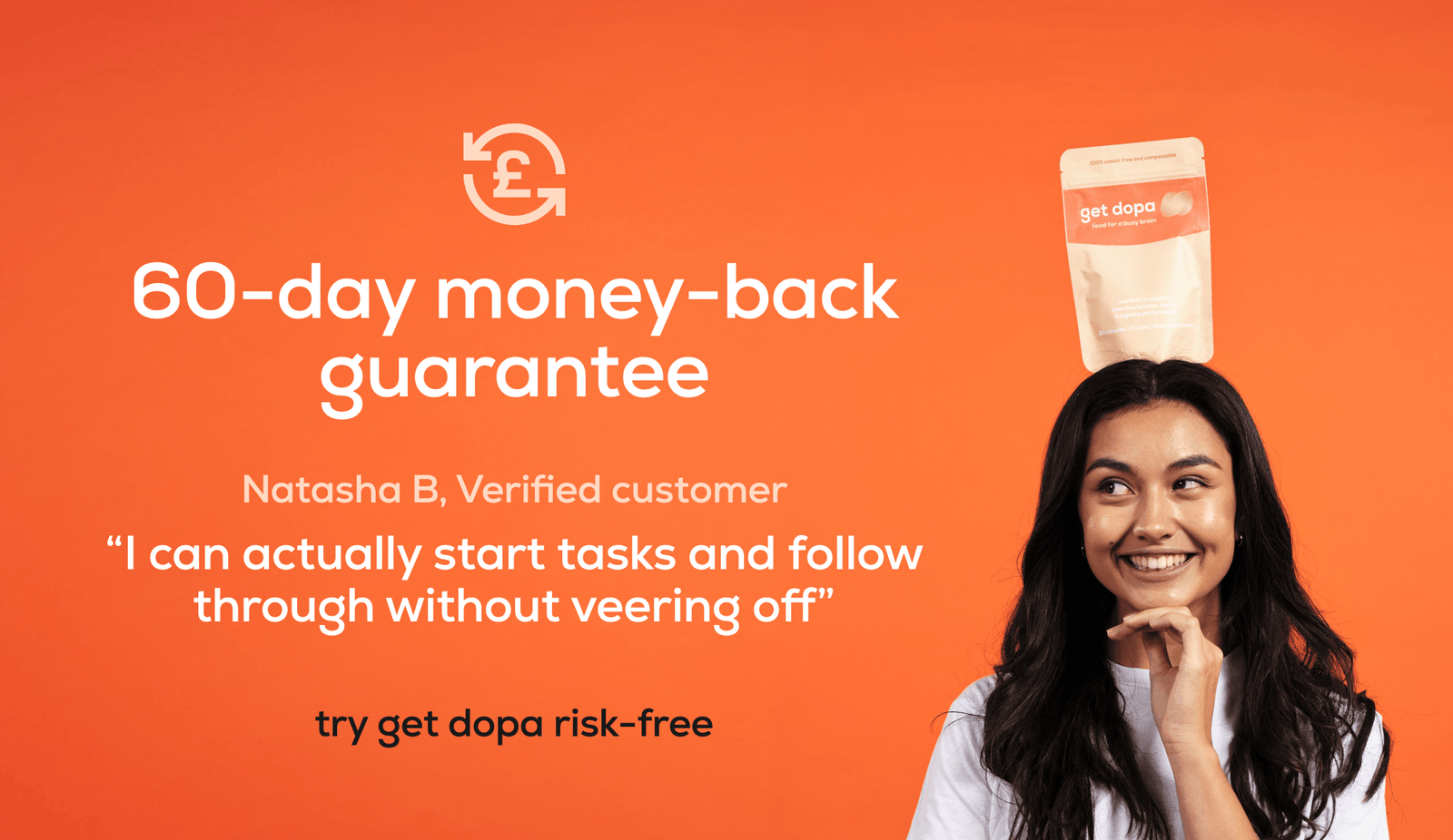 Woman with a get dopa pouch on her head against an orange background with text about a 60-day money-back guarantee.
