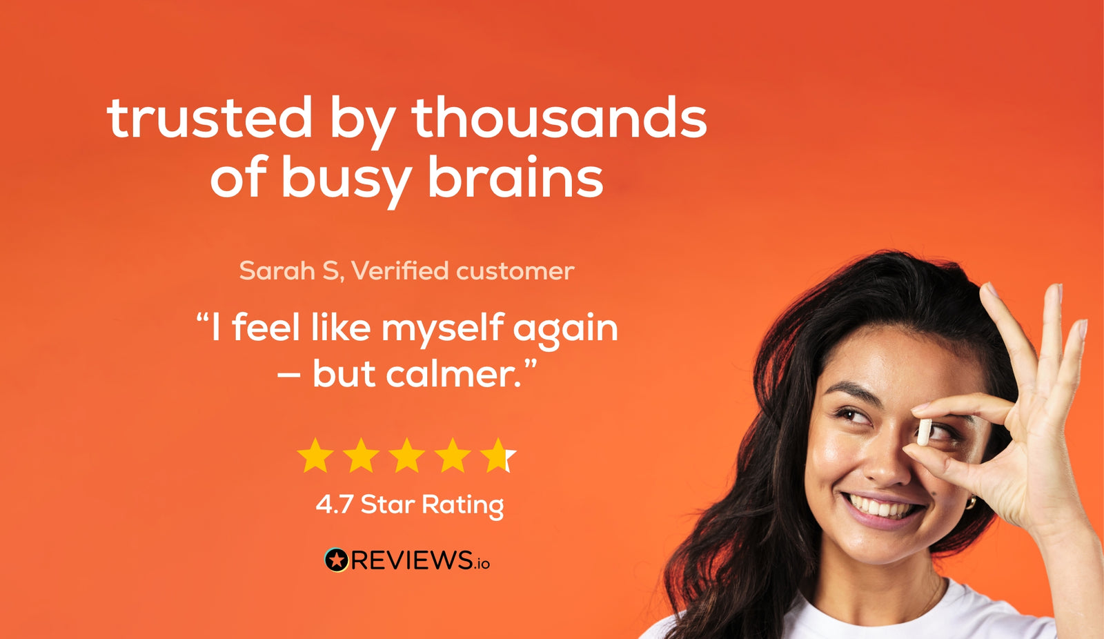 Person holding get dopa capsule with text about being 'trusted by thousands of busy brains' and a 4.7 star rating.