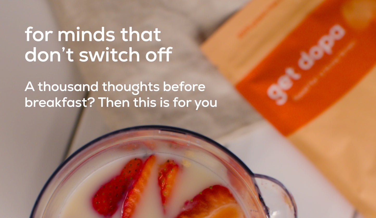 Breakfast scene with yogurt and fruit, 'get dopa' packaging, and text about thoughts before breakfast.