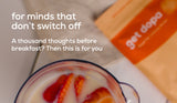 Breakfast scene with yogurt and fruit, 'get dopa' packaging, and text about thoughts before breakfast.