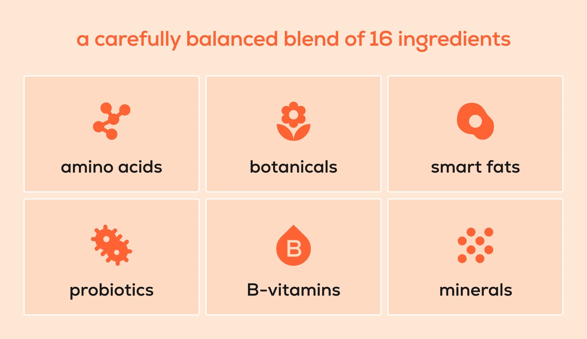 Diagram of a carefully balanced blend of 16 ingredients including amino acids, botanicals, smart fats, probiotics, B-vitamins, and minerals on a peach background.