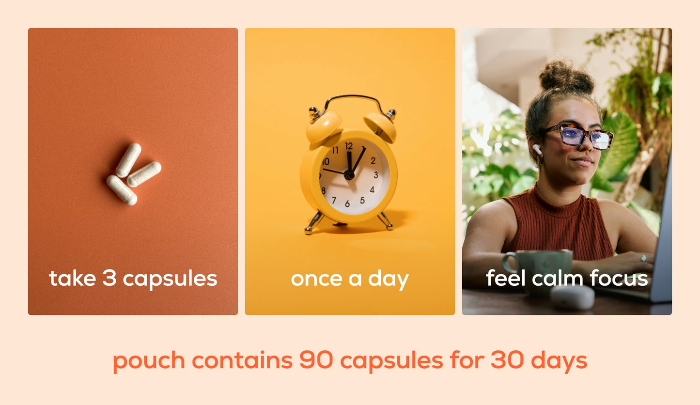 Graphic showing capsules, an alarm clock, and a person working on a laptop.