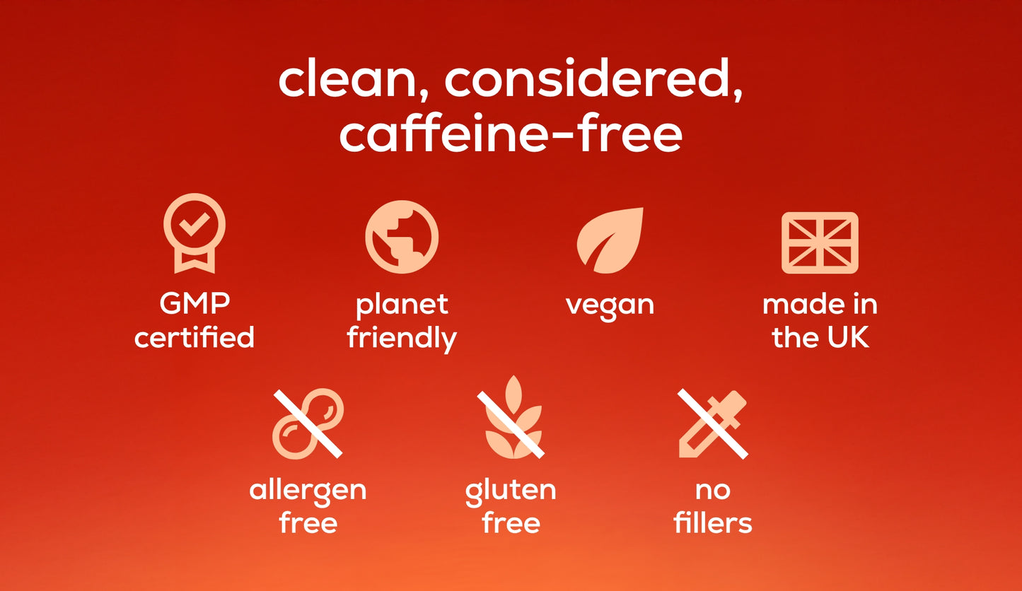 Red background with certification icons and text highlighting attributes like GMP certified, planet friendly, vegan, made in the UK, allergen free, gluten free, and no fillers.