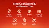 Red background with certification icons and text highlighting attributes like GMP certified, planet friendly, vegan, made in the UK, allergen free, gluten free, and no fillers.