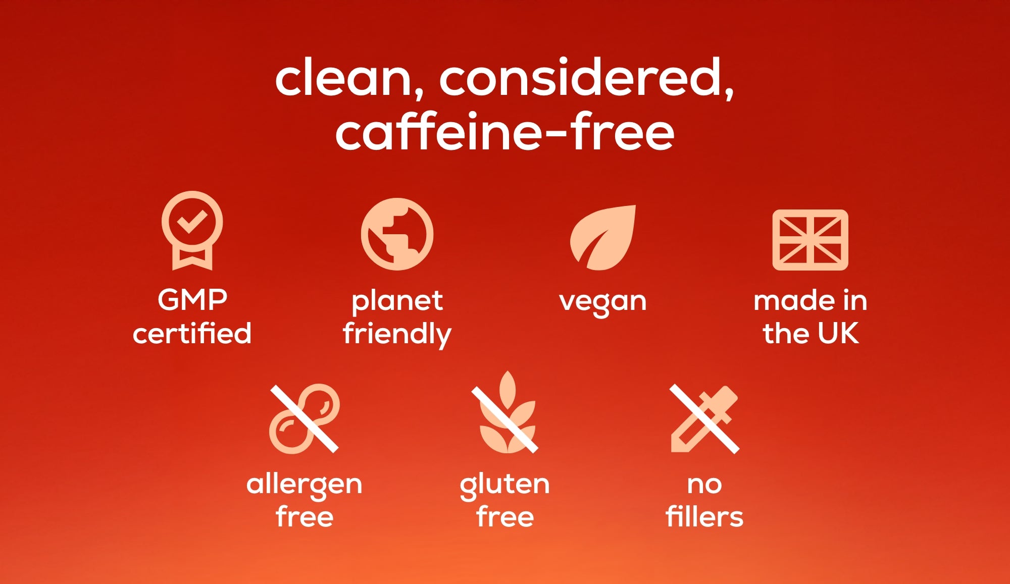 Red background with certification icons and text highlighting attributes like GMP certified, planet friendly, vegan, made in the UK, allergen free, gluten free, and no fillers.
