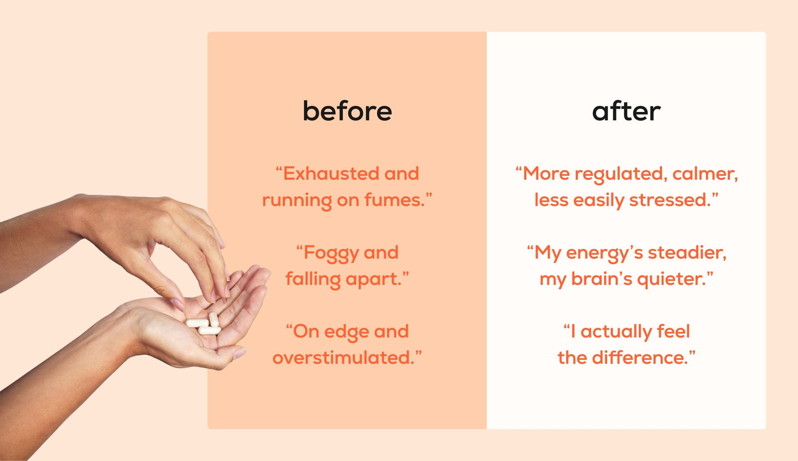 Before and after comparison of hands with text on a peach and white background