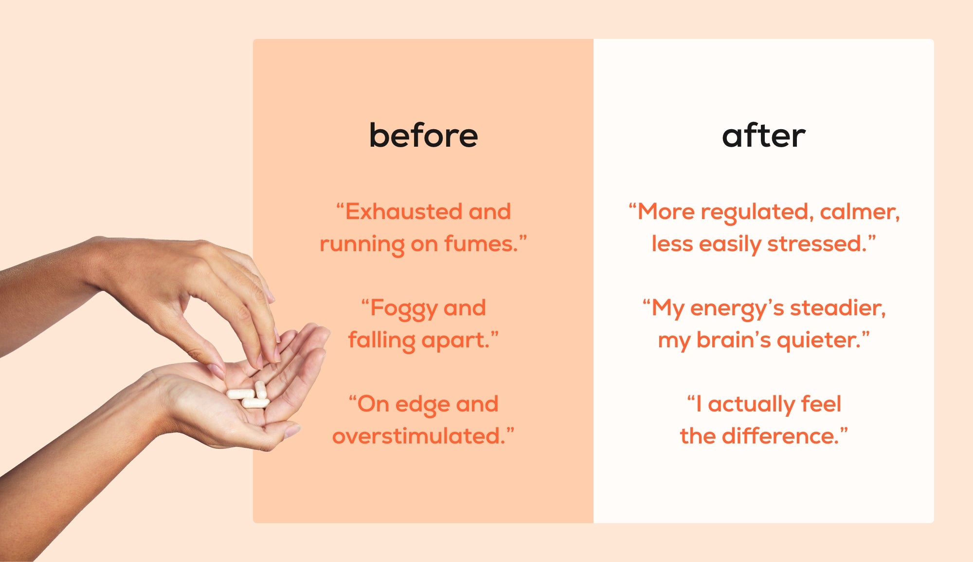 Before and after comparison of hands with text on a peach and white background