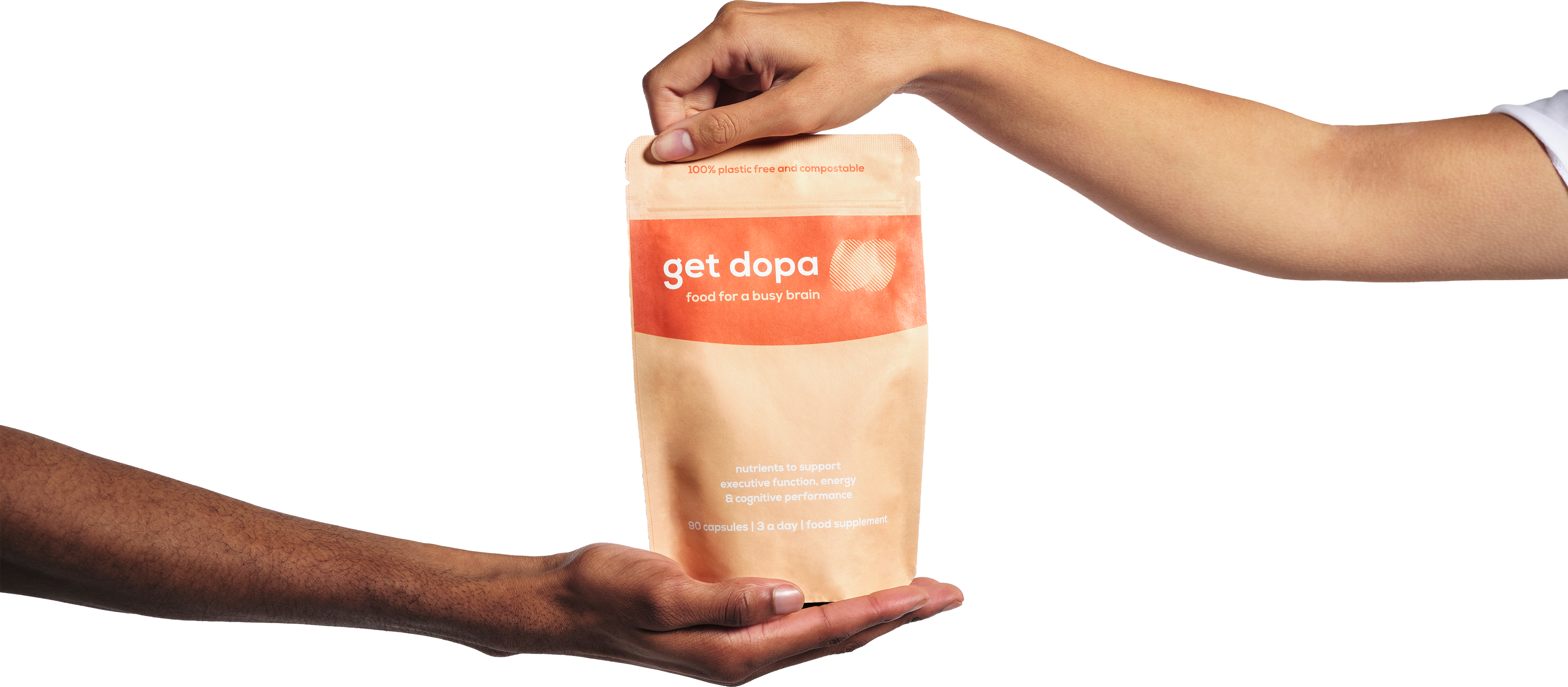 Hands holding get dopa pouch