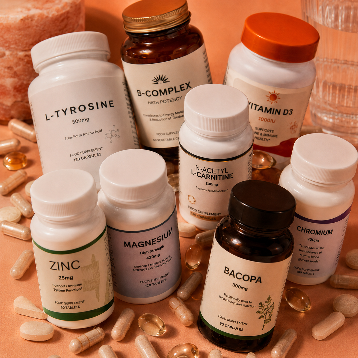 Several supplement bottles and capsules